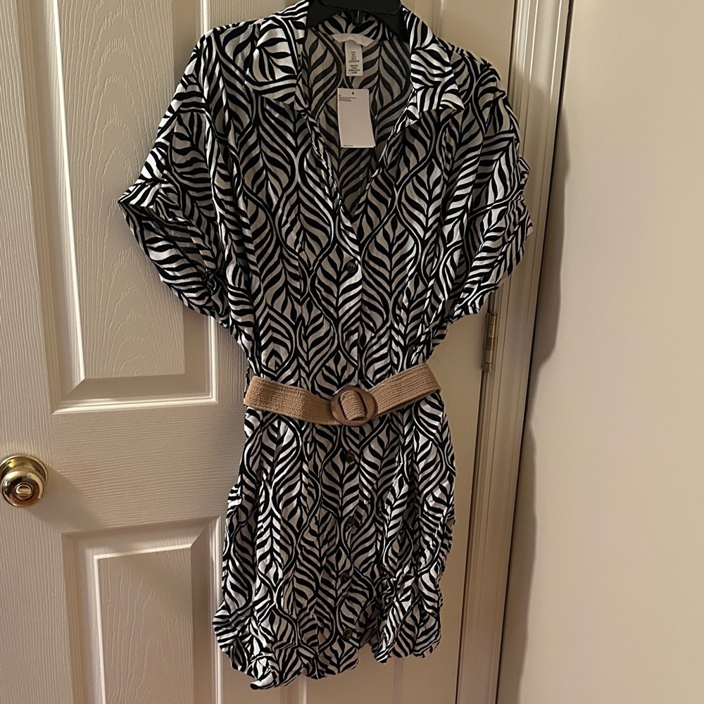H&M Black and Off White Zebra Print Mini Dress with Tan Belt